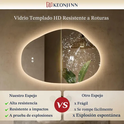 Vista 5 de Keonjinn Espejo de baño retroiluminado asimétrico de 22 x 30 pulgadas con luces, espejo LED irregular con vidrio templado HD, controlador LED