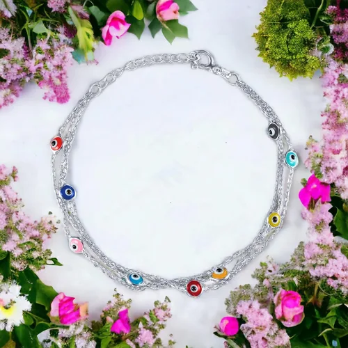 Vista 7 de Pulseras de plata de ley 925 con protección de cadena de triple capa, pulsera azul Ojo Turco para mujer, joyería bohemia delicada para mujer