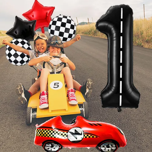 Vista 6 de Decoraciones de cumpleaños de carreras de 1 año, globos rojos grandes de coche de carreras de 40 pulgadas, globo negro número 1, globo a cuadros