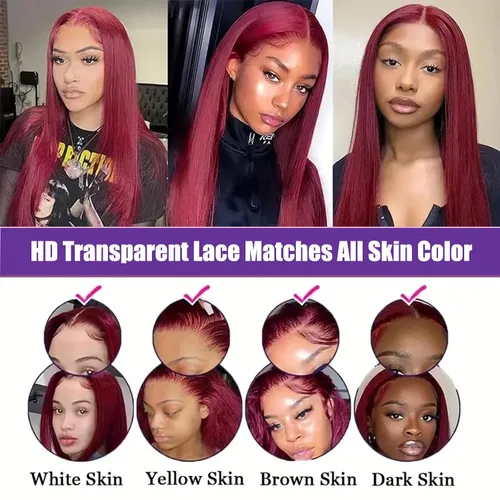 Vista 4 de bunGiol Pelucas de cabello humano con encaje frontal color borgoña 99j de 13 x 6 pulgadas, prearrancadas, pelucas de cabello humano lacio HD