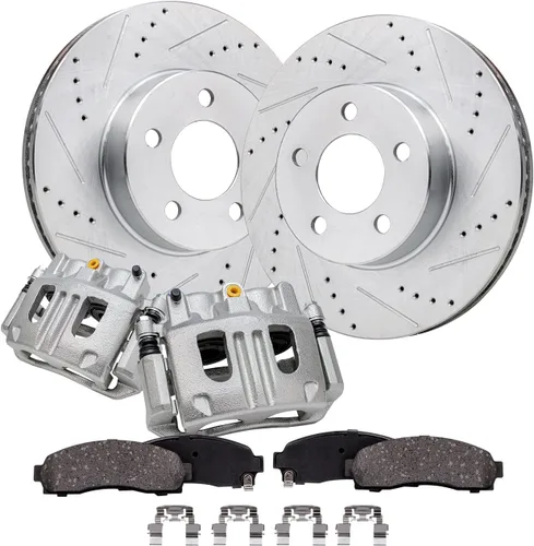 Vista 19 de Detroit Axle - Kit de freno delantero para Hyundai Nexo 2019-2024, rotores de freno perforados y ranurados, pastillas de freno de cerámica