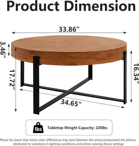 Vista 2 de Mesa de centro redonda de empalme retro moderna de 33.86 pulgadas, mesa de madera de abeto con base de patas cruzadas negras