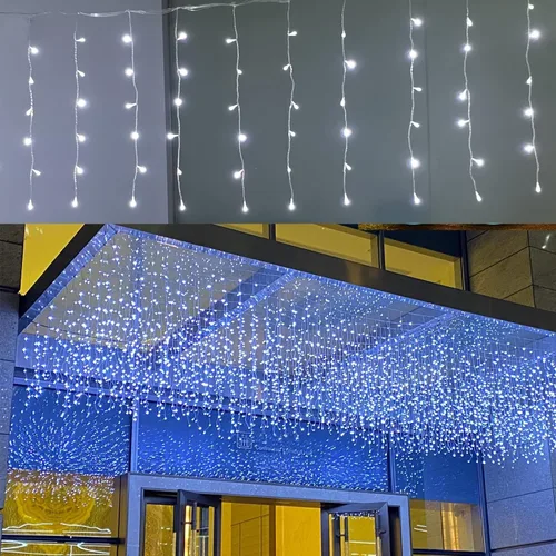 Vista 10 de ZIMINGU Luces de goteo de carámbanos, 13 pies, 144 LED, 8 modos de Navidad conectables para ventana, cortina de ventana de cascada de hadas, tira