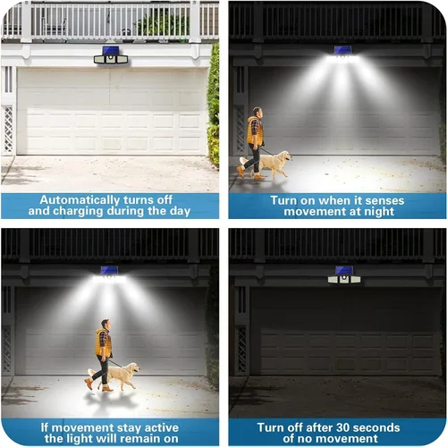 Vista 6 de AmeriTop Luces solares para exteriores, de 800 lúmenes, inalámbricas, con sensor de movimiento solar LED, 3 cabezas ajustables, iluminación