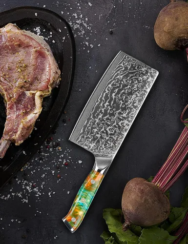 Vista 5 de Cuchillo chino de chef – Cuchillo de carnicero de 7 pulgadas – Serie Xuan – Cuchillo de cocina de acero Damasco VG10 – Mango de resina