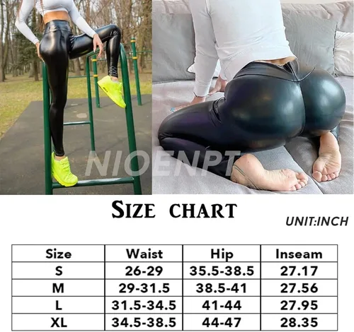 Vista 7 de NIOENPT Pantalones de cuero para mujer, leggings de piel sintética brillante, cintura alta, leggings de poliuretano negro, traje de discoteca