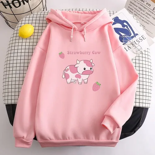 Vista 3 de Sudadera Kawaii para mujer, con estampado de vaca y fresa, manga larga, estética, mullida, sudadera con capucha