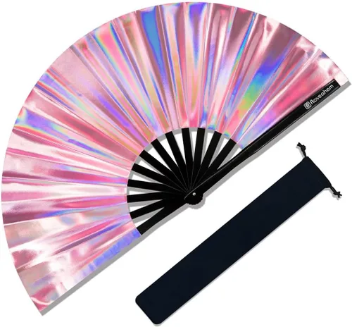 Vista 11 de Ventilador grande para rave, ventilador de mano plegable Clack con tela de primera calidad, marco de bambú grueso para hombres y mujeres, regalo