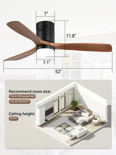 Vista 6 de Sofucor Ventilador de techo de 52 pulgadas con luces y control remoto, ventilador de techo de madera de perfil bajo de montaje al ras