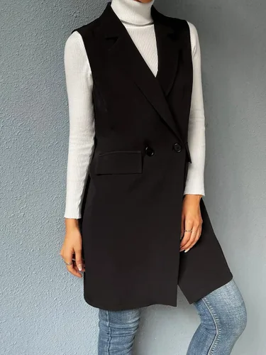 Vista 6 de SheIn Chaleco largo con doble botonadura frontal abierta para mujer sin mangas largo para exteriores con bolsillos