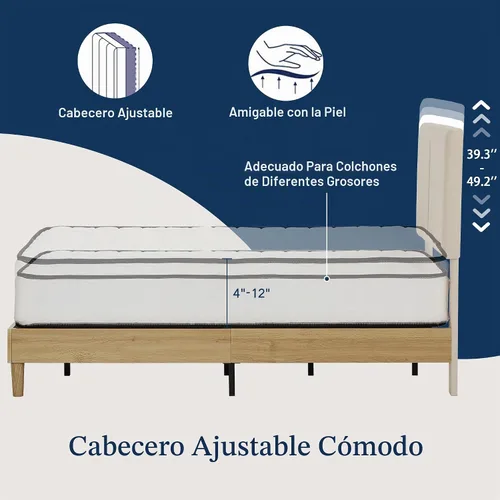 Vista 3 de VECELO Marco de cama tamaño individual tapizado, plataforma con cabecero de algodón y lino ajustable en altura, listones de madera de alta