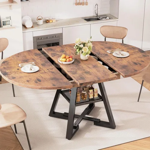 Vista 12 de Mesa de comedor redonda extensible de 43 a 57 pulgadas para 4-6, moderna mesa de comedor ovalada de cocina industrial con hojas extraíbles, base