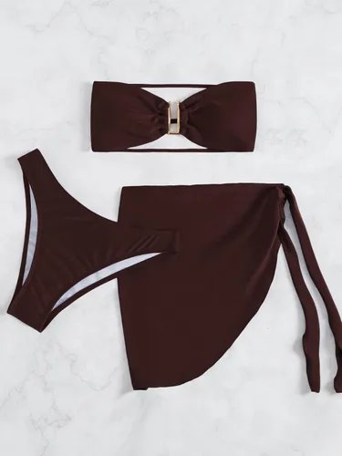 Vista 5 de WDIRARA Traje de baño de 3 piezas con estampado de piel de serpiente con cuello halter y falda de playa
