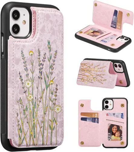 Vista 35 de UEEBAI Funda tipo cartera para iPhone 13 con tarjeteros, piel sintética, diseño floral, función atril, bloqueo RFID, doble cierre magnético, funda