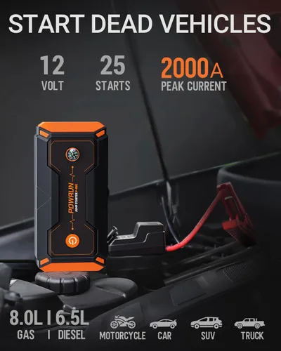 Vista 8 de Powrun P-ONE Arrancador de Salto, Caja de Salto Portátil de 2000A - Paquete de Batería de Arrancador de Coche para hasta 8.0L de Gasolina y 6.5L