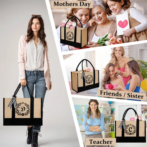 Vista 23 de Bolsa de mano personalizada de yute para mujeres, regalos para el día de la madre, regalo de Navidad de cumpleaños para mujeres y amigas