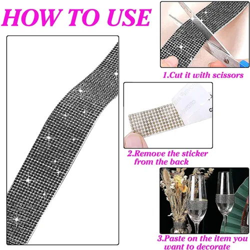 Vista 7 de Tiras de Cinta de Diamantes de Imitación de Cristal Autoadhesivas Negras, Tiras de Cinta de Diamantes de Imitación de 7 Filas con Adhesivo