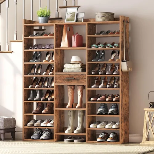 Vista 2 de HOOBRO Zapatero de 10 niveles de alto, organizador grande de zapatos de madera de 47 pulgadas, estante de zapatos de 61 pulgadas de alto con cubos