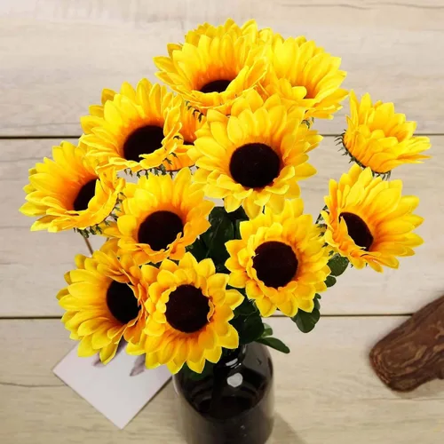 Vista 2 de Efavormart - 5 arbustos 70 girasoles artificiales amarillos de seda Decoración de jarrón