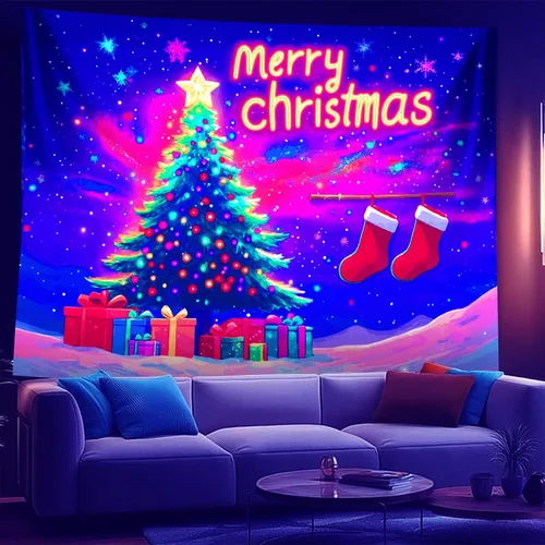 Vista 8 de NYZE - Tapiz de Navidad con Papá Noel, tapiz de luz negra que brilla en la oscuridad, colgante de pared, banner festivo, decoración para fiesta