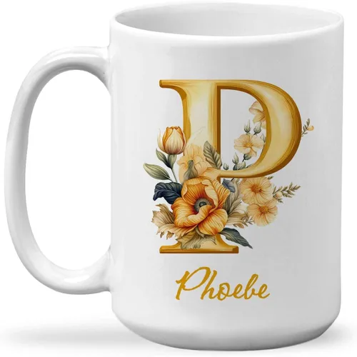 Vista 29 de Taza de cerámica personalizada con letra A del alfabeto, taza de café personalizada con nombre, taza de té inicial con monograma floral