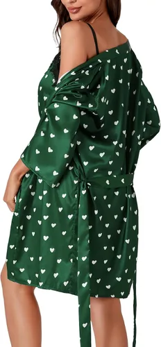 Vista 2 de LYANER Conjunto de pijama de satén con lunares para mujer, 3 piezas, lencería de encaje, ropa de dormir con bata