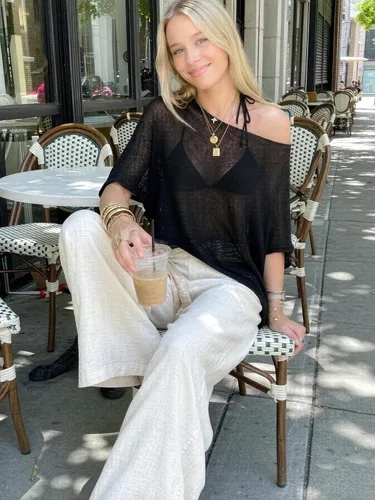 Vista 4 de Poncho transparente para mujer, de punto, para playa, salida de baño Negro