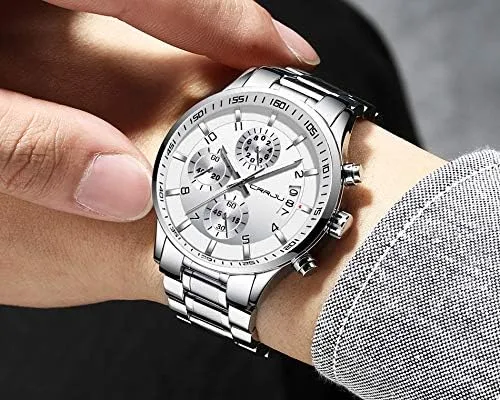 Vista 4 de CRRJU - Reloj de pulsera, de acero inoxidable para hombre, resistente al agua, cronógrafo, correa de acero inoxidable