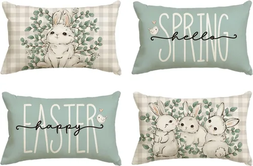 Vista 11 de AVOIN colorlife Happy Easter Buffalo - Funda de cojín de conejo a cuadros, 16 x 16 pulgadas, diseño de hojas de eucalipto, Hello Spring, para sofá