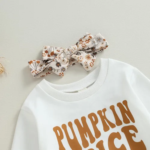 Vista 3 de wdehow Conjunto de sudadera de manga larga con estampado de letras y pantalones acampanados de calabaza, ropa de otoño
