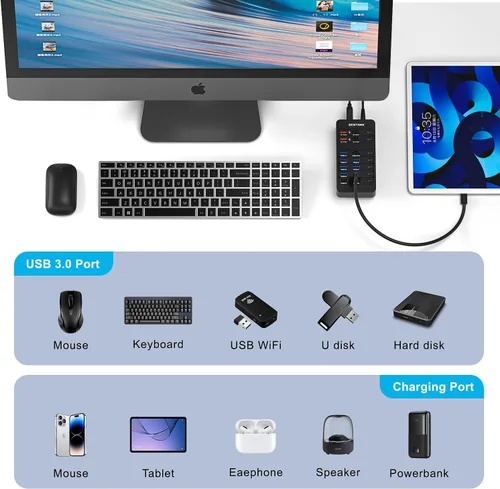 Vista 6 de Hub USB alimentado, divisor de concentrador de datos USB de 14 puertos con 6 puertos USB 3.0, 4 puertos de carga, 1 puerto de datos USB-C 3.0, 1