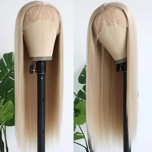 Vista 11 de Peluca rubia sintética con encaje frontal, predepilada 613, peluca de cabello largo para mujer, peluca sedosa y recta con parte media sin pegamento