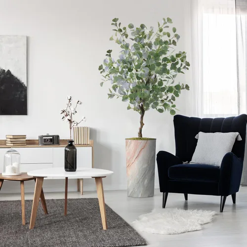 Vista 12 de Árbol artificial en macetero con efecto de granito moderno, ave del paraíso artificial de seda para decoración del hogar en interiores y exteriores