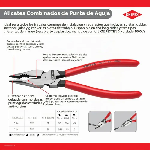 Vista 6 de Knipex - Alicates combinados de punta de aguja (821185) Alicates combinados de punta de aguja de 7" fabricados en Alemania - Acero de vanadio