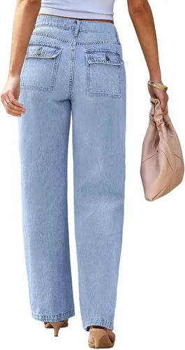 Vista 2 de Jeans cargo para mujer, de cintura alta, pierna ancha, con bolsillo de solapa, Y2K, jeans de carpintero para mujer, pantalones cargo de mezclilla