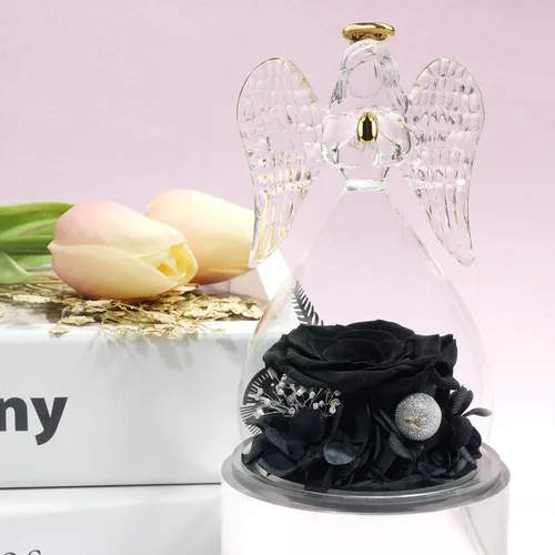 Vista 3 de Miofula Regalos para mamá, regalos de cumpleaños para mujeres, flores preservadas en figuras de ángel de cristal, flores frescas para entrega, Rosa