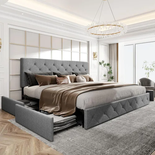 Vista 25 de HOOMIC Base de cama de almacenamiento de plataforma de tamaño matrimonial con 4 cajones y cabecera ajustable, listones de madera, no necesita Blanco