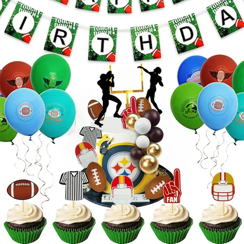 Vista 4 de Juego de 21 decoraciones de pastel de fútbol de 21 piezas, incluye acrílico de feliz cumpleaños, jugadores de pelota de rugby, decoración
