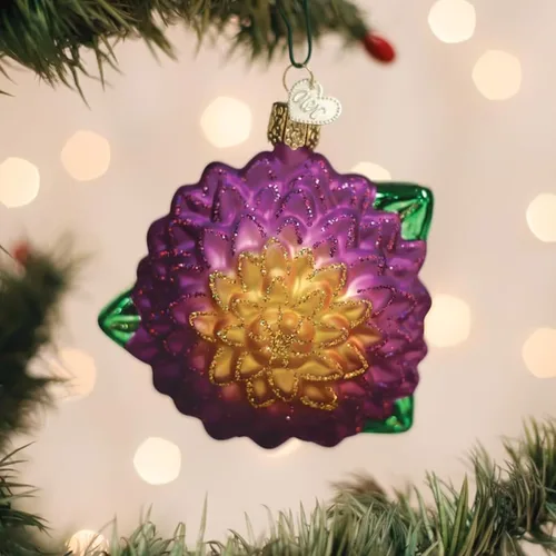 Vista 2 de Old World Christmas Adorno de cristal soplado de dalia para árbol de Navidad, decoración navideña artesanal, colección de jardín
