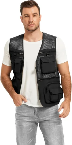 Vista 7 de Chaleco Flygo para hombre, para pesca, trabajo, safari, viaje de reportajes o para actividades al aire libre en verano, con bolsillos