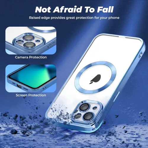 Vista 7 de ZCDAYE Funda para iPhone 13, iPhone 13 compatible con carga inalámbrica, borde azul galvanizado transparente TPU suave a prueba de golpes