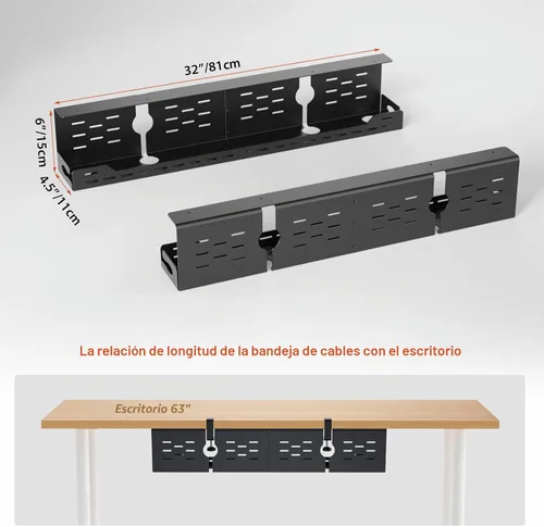 Vista 5 de Univivi Bandeja de organización de cables debajo del escritorio, organizador de cables de acero de 32 pulgadas, abrazadera en C sin taladrar
