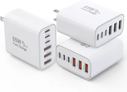 Vista 10 de Bloque de cargador USB C de 65 W, 2 unidades de 6 puertos Apple USB C GaN adaptador de corriente PD de carga rápida + enchufe de pared QC