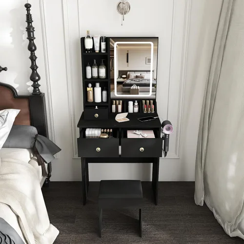 Vista 14 de Juego de Tocador Pequeño con Espejo Iluminado y Taburete, Juego de Mesa de Maquillaje Compacta con Luz - 3 Modelos de Colores, Mesa de Maquillaje