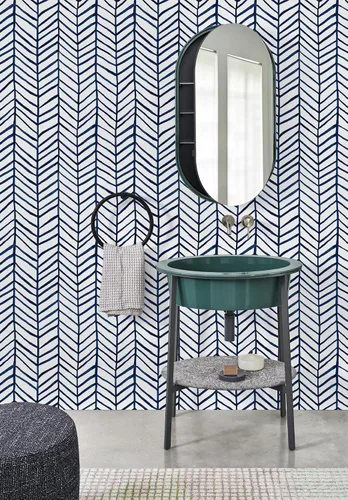 Vista 7 de HAOKHOME Papel tapiz azul marino para despegar y pegar, diseño moderno a rayas para baño, decoración extraíble de espiga de 17.7 pulgadas x 9.8 pies