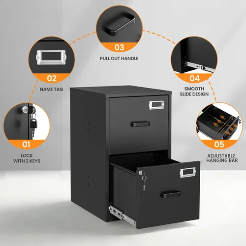 Vista 5 de Archivador de 2 cajones con cerradura, archivadores metálicos para oficina en casa, gabinete pequeño vertical negro para oficina en casa, archivador