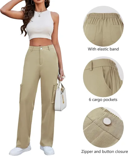 Vista 3 de ETOSELL Pantalones cargo de cintura alta para mujer, pantalones casuales de pierna ancha, elásticos, Y2K Streetwear con 6 bolsillos
