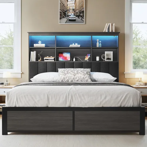 Vista 3 de HISOFT Base de cama Queen con cabecera de almacenamiento, cama de madera con estantería de alto almacenamiento, se envía en 2 cajones, 4 cajones