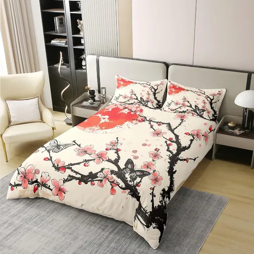 Vista 2 de jejeloiu Juego de funda de edredón de flores de cerezo 100% algodón, tamaño matrimonial, estilo japonés, juego de ropa de cama 100% algodón