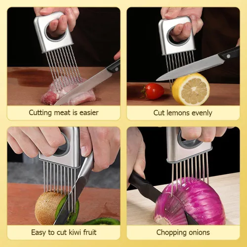 Vista 7 de Nuevo soporte para rebanar cebolla, soporte de cebolla de acero inoxidable para cortar verduras cortador de papa y tomate, herramienta asistente